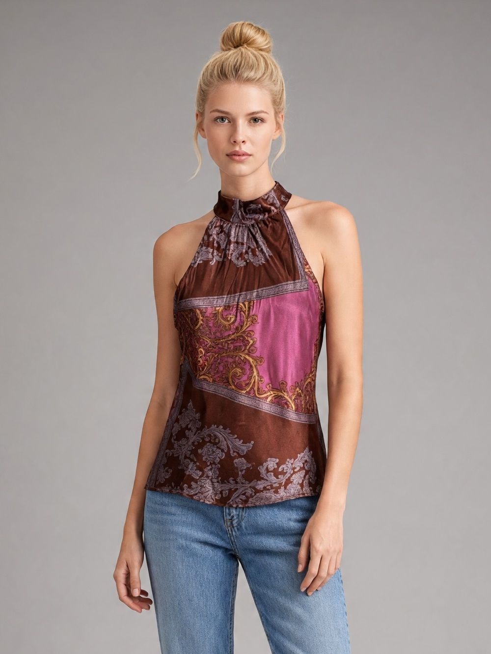 A. Byer Vintage Y2K Sleeveless Brown and Magenta silky satin Halter Top. Rave. L